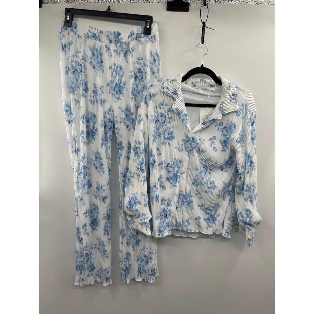 NWT Waverles Floral Pajama Set Women's Small White/Blue Casual 100% Polyester‎